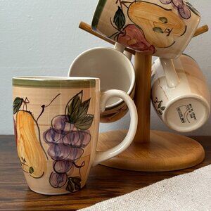 Stoneware 4 Mugs Home Discovery Hand Painted Fruit Motif Country Style Kitchen